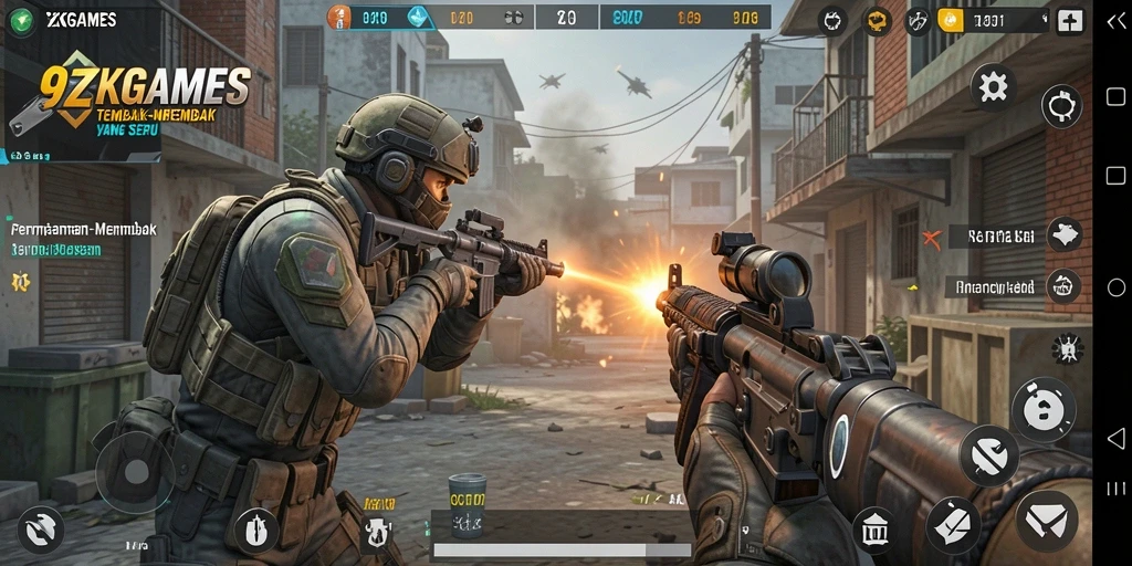 Screenshot gameplay 9ZKGAMES menampilkan aksi tembak-menembak yang mendebarkan.